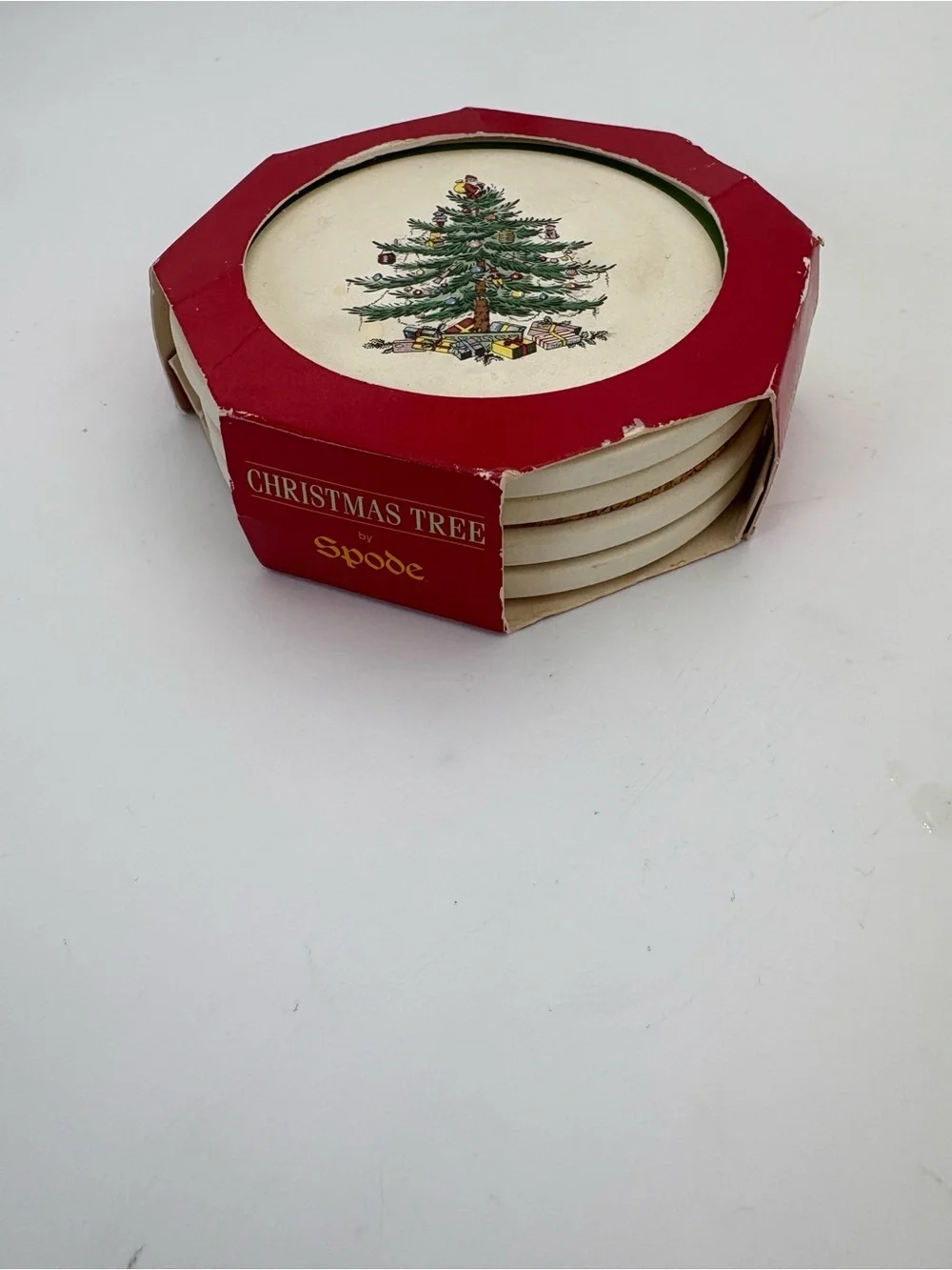 Vintage Spode Red and Green Christmas Tree Decorative Ceramic Coasters - Four